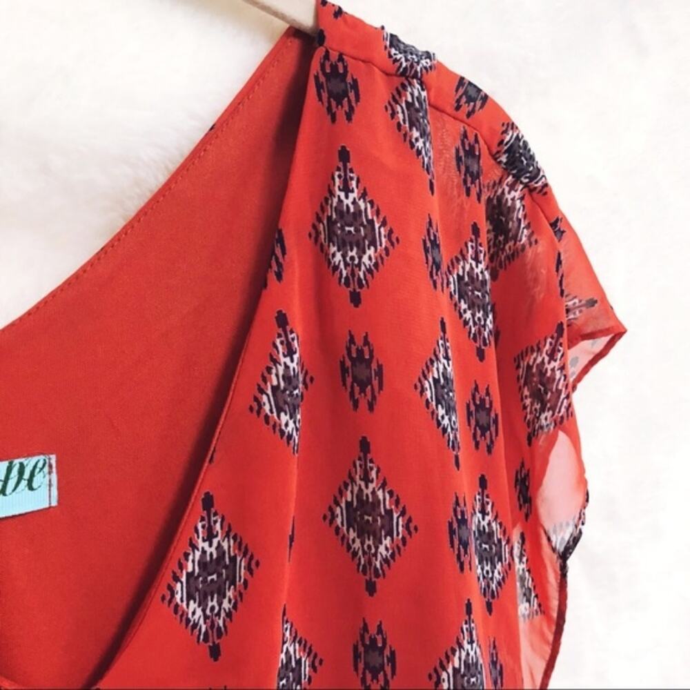 Aina Be Vibrant Red Patterned Flutter Sleeve V-Ne… - image 6